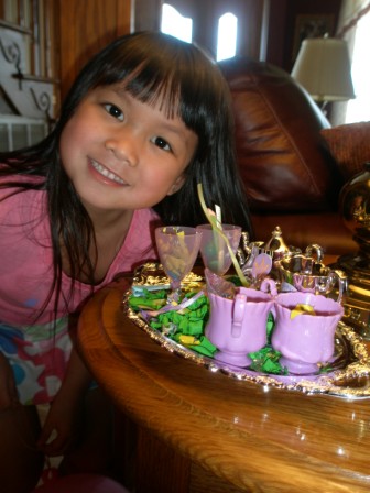 Kasen with her tea set